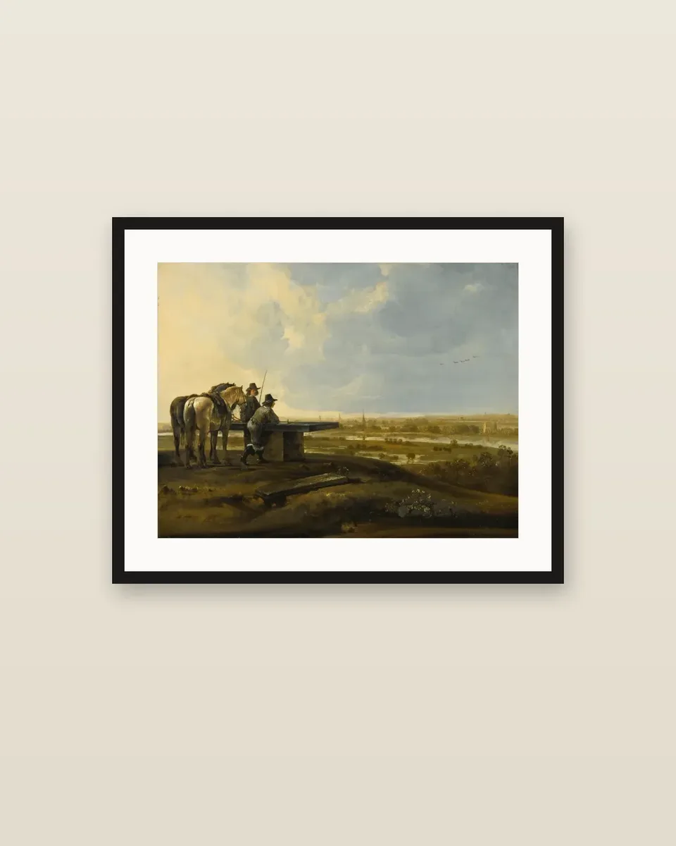 Panoramic landscape with travellers at the Koningstafel on the Heimenberg, near Rhenen by Aelbert Cuyp, framed