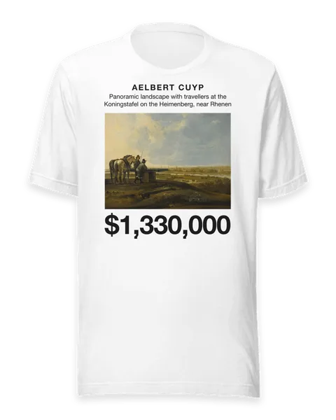 Panoramic landscape with travellers at the Koningstafel on the Heimenberg, near Rhenen by Aelbert Cuyp, on a white t-shirt