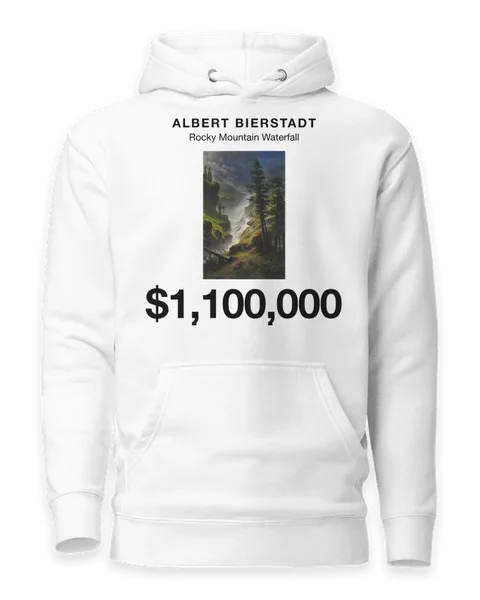 Rocky Mountain Waterfall by Albert Bierstadt, on a white hoodie