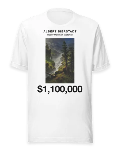 Rocky Mountain Waterfall by Albert Bierstadt, on a white t-shirt