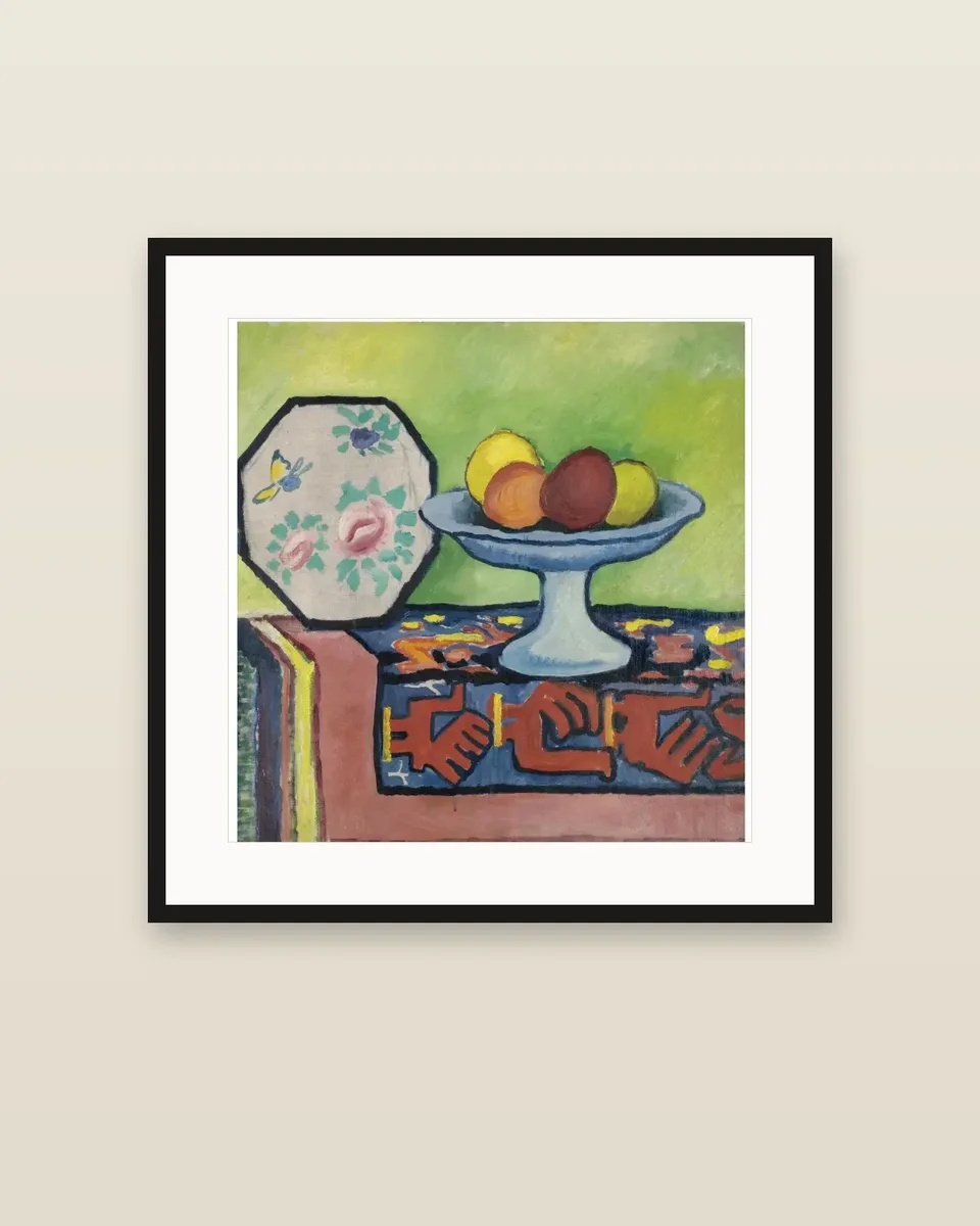 Stillleben mit Apfelschale und japanischem Fächer by August Macke, framed