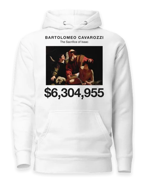 The Sacrifice of Isaac by Bartolomeo Cavarozzi, on a white hoodie