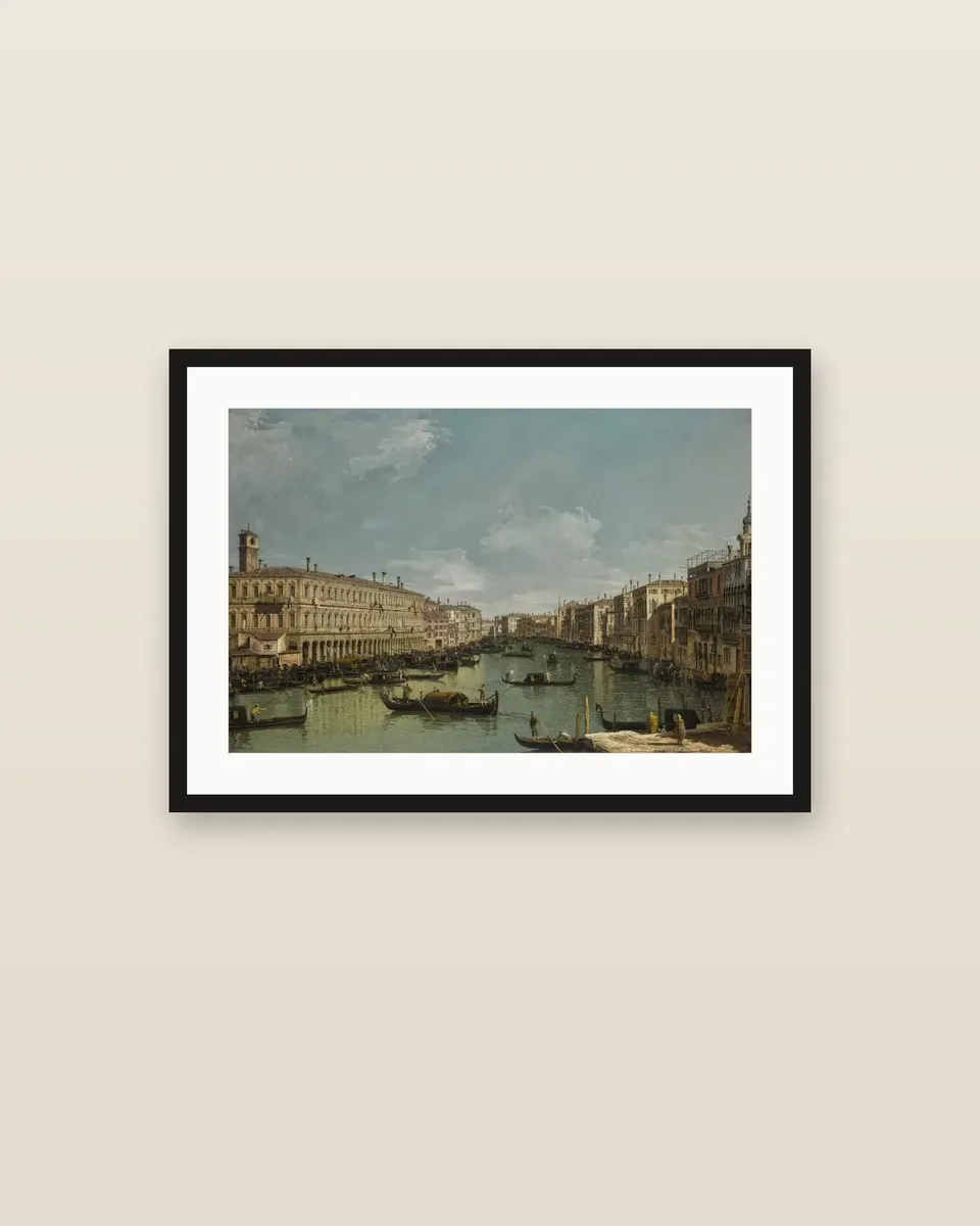 Venice, a view of the Grand Canal looking north from near the Rialto Bridge by Bernardo Bellotto, framed