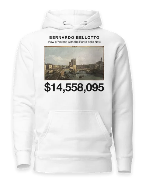 View of Verona with the Ponte delle Navi by Bernardo Bellotto, on a white hoodie
