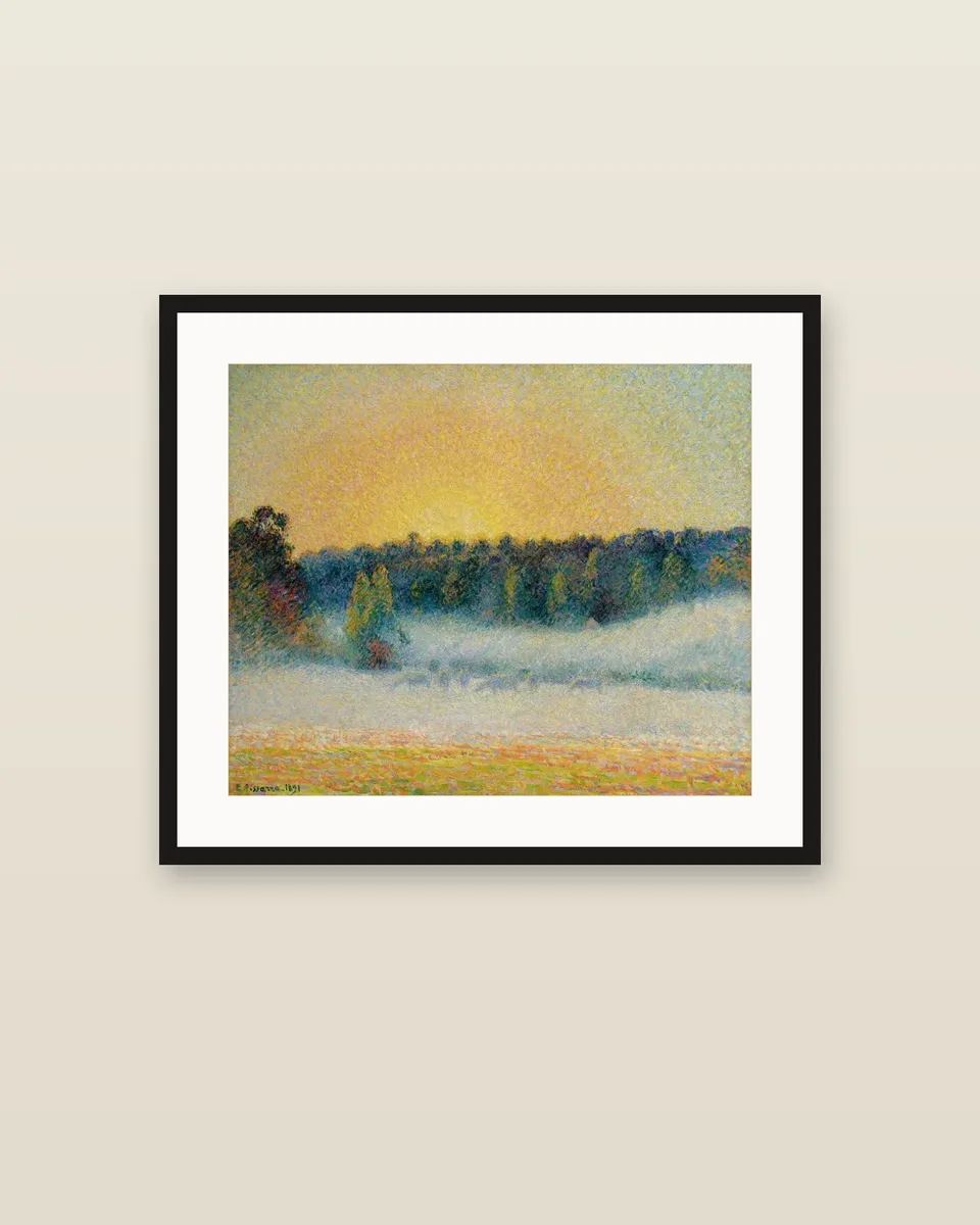 Prairie avec vaches, brume, soleil couchant à Eragny by Camille Pissarro, framed