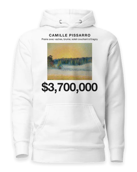 Prairie avec vaches, brume, soleil couchant à Eragny by Camille Pissarro, on a white hoodie