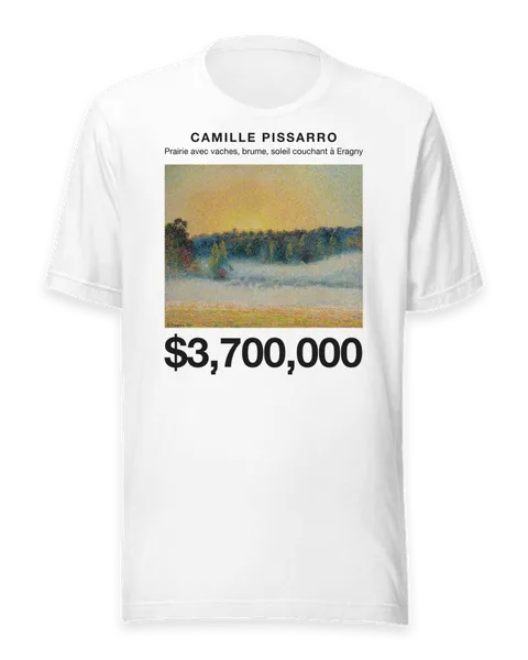Prairie avec vaches, brume, soleil couchant à Eragny by Camille Pissarro, on a white t-shirt