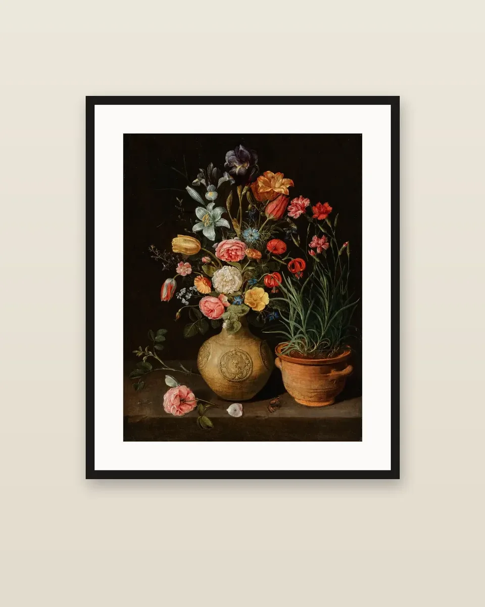 Roses, lilies, an iris and other flowers in an earthenware vase, with a pot of carnations and a butterfly on a ledge by Clara Peeters, framed