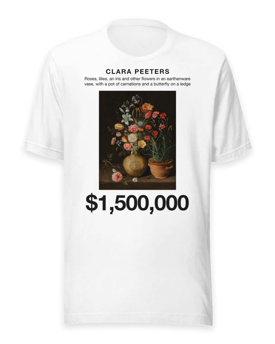 T-shirt: Roses, lilies, an iris and other flowers in an earthenware vase, with a pot of carnations and a butterfly on a ledge by Clara Peeters