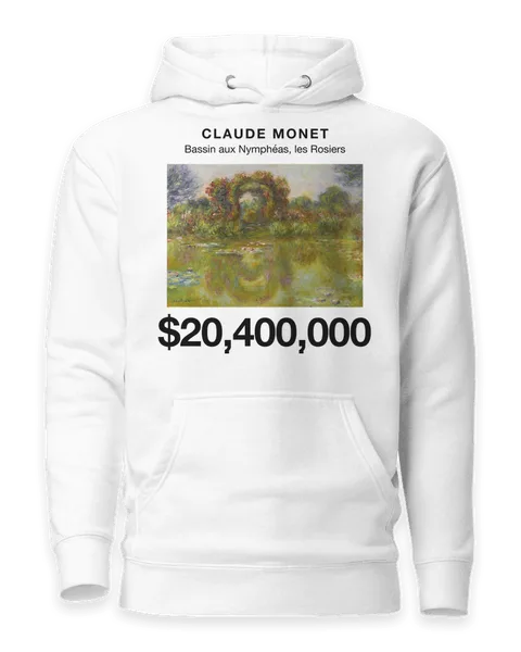Bassin aux Nymphéas, les Rosiers by Claude Monet, on a white hoodie