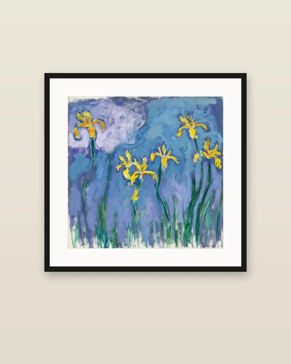Iris jaunes au nuage rose by Claude Monet, framed