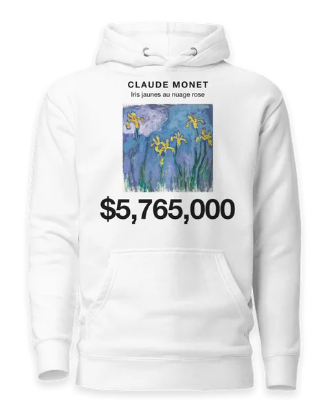 Iris jaunes au nuage rose by Claude Monet, on a white hoodie