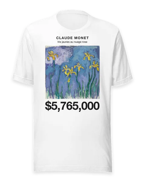 Iris jaunes au nuage rose by Claude Monet, on a white t-shirt