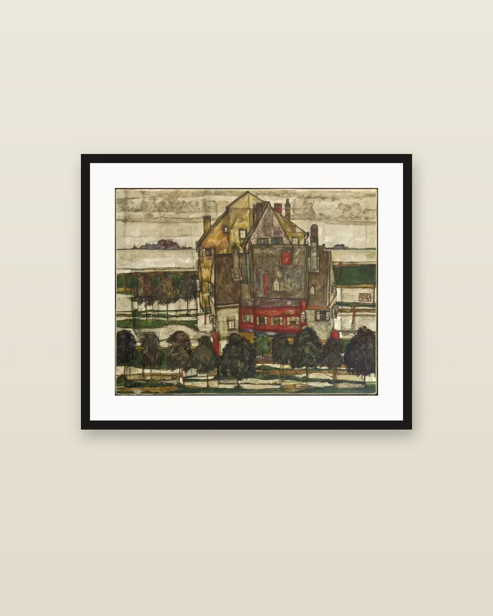 Einzelne Häuser (Häuser mit Bergen) by Egon Schiele, framed