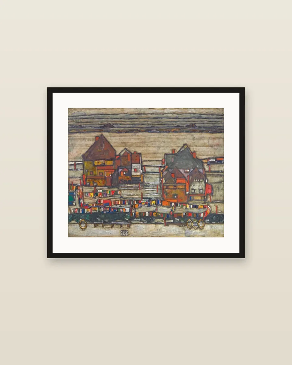 Häuser mit bunter Wäsche (Vorstadt II) by Egon Schiele, framed