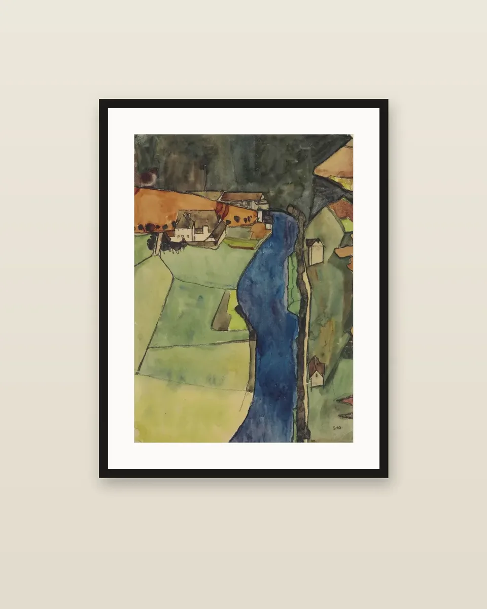 Stadt am blauen Fluss (Krumau) by Egon Schiele, framed