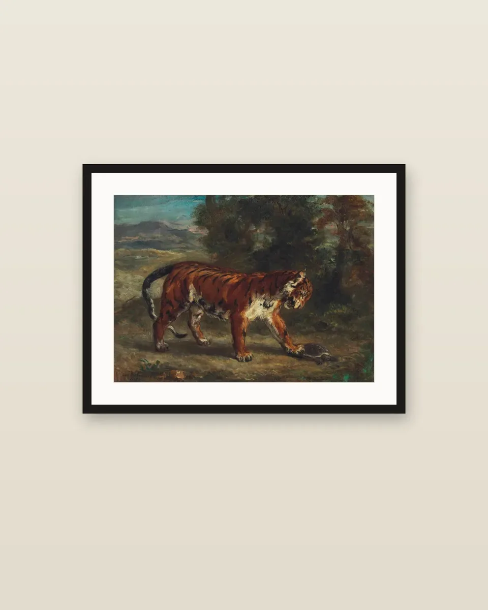 Tigre jouant avec une tortue (Tiger Playing with a Tortoise) by Eugène Delacroix, framed