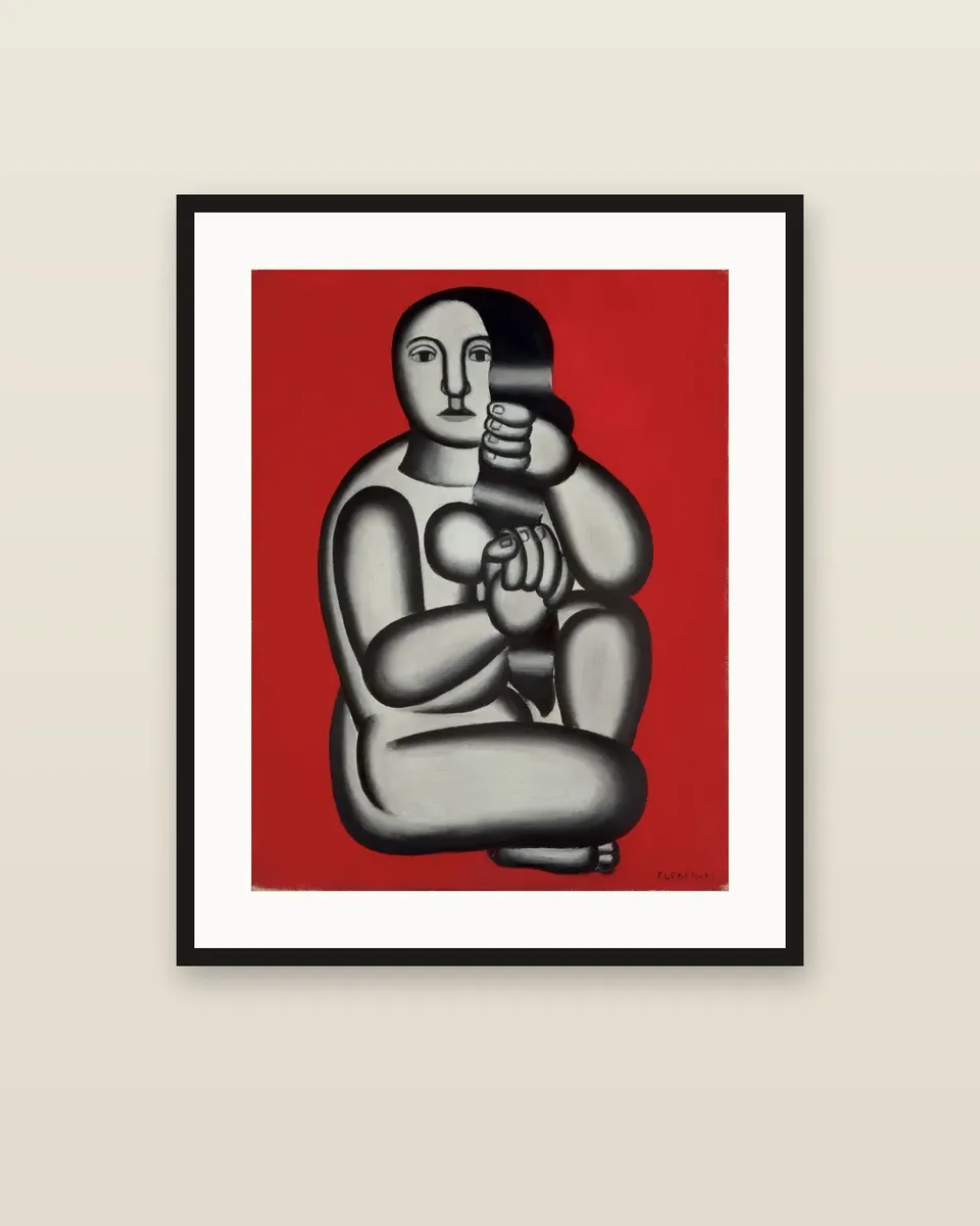 Femme sur fond rouge, femme assise by Fernand Léger, framed