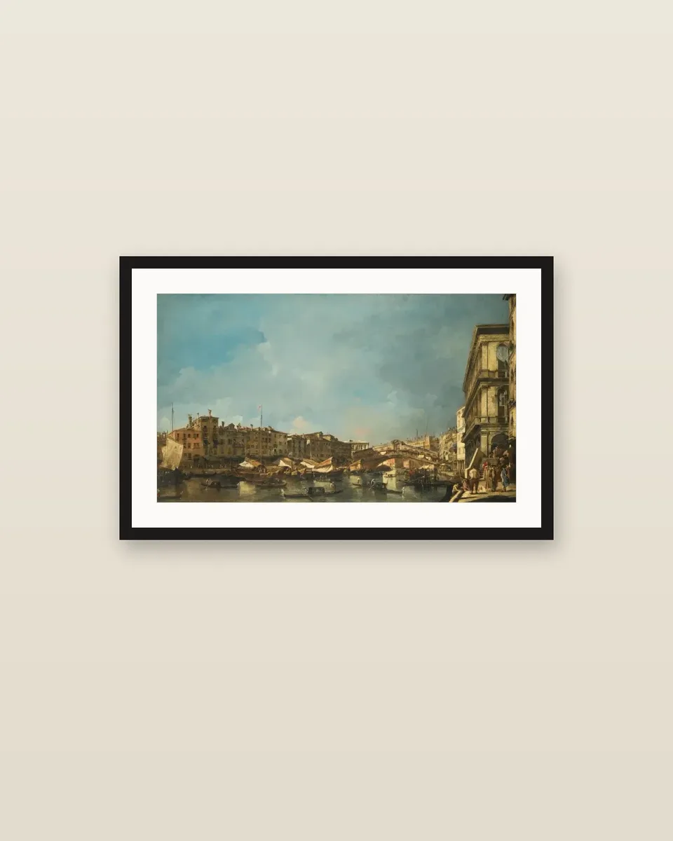 Venice, a view of the Rialto Bridge, looking north, from the Fondamenta del Carbon by Francesco Guardi, framed