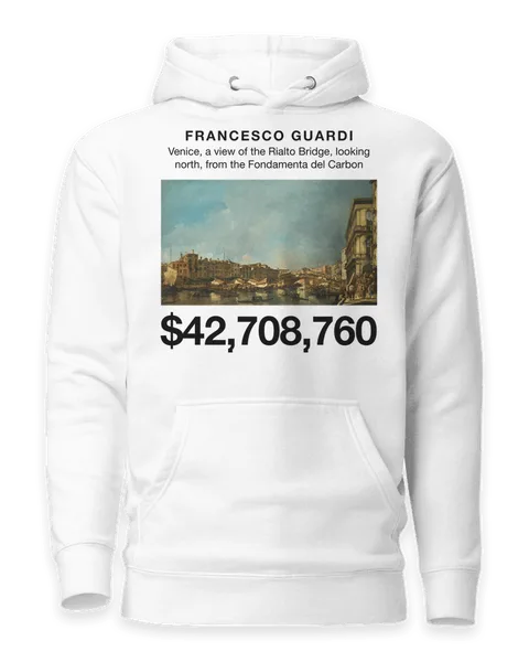 Venice, a view of the Rialto Bridge, looking north, from the Fondamenta del Carbon by Francesco Guardi, on a white hoodie