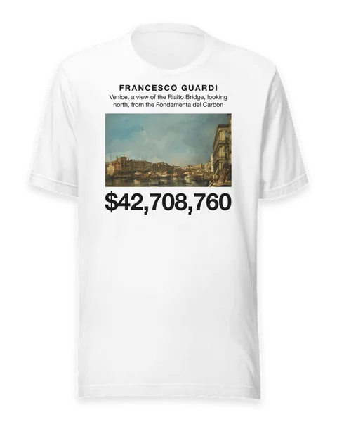 Venice, a view of the Rialto Bridge, looking north, from the Fondamenta del Carbon by Francesco Guardi, on a white t-shirt