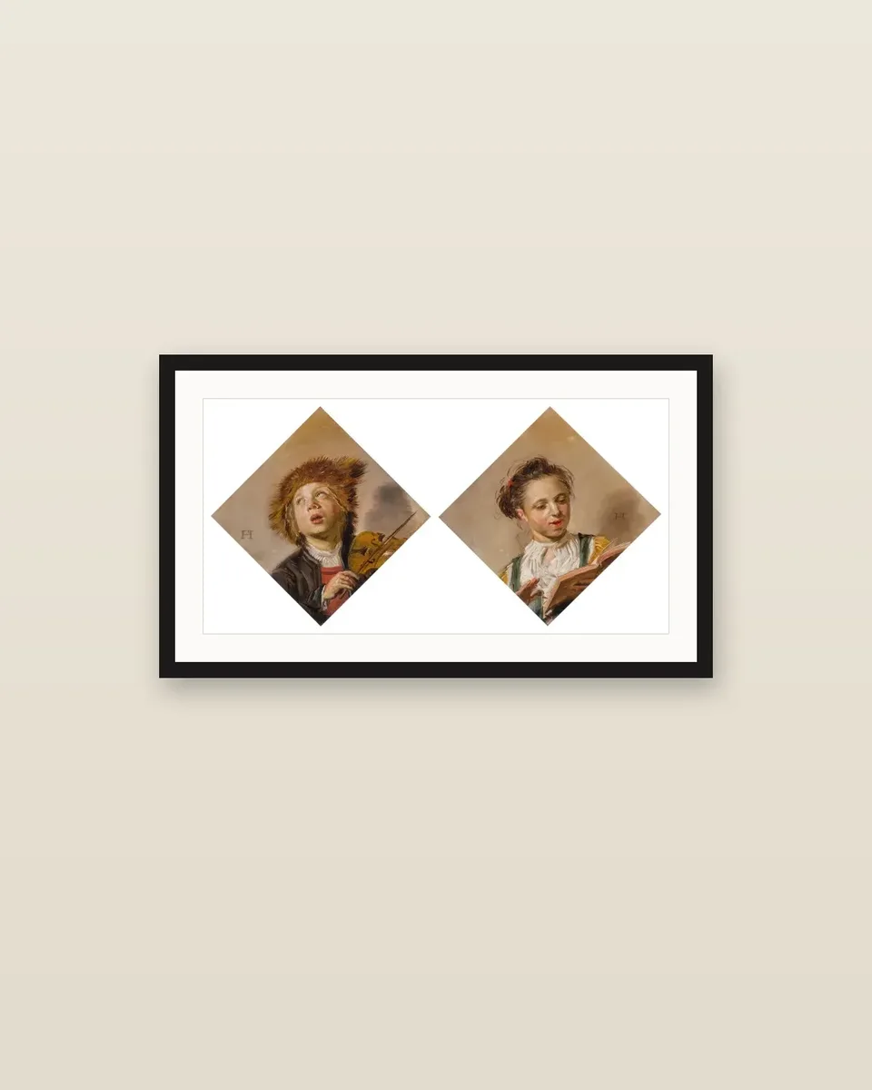 Boy, possibly Frans Hals II, playing the violin; Girl, possibly Sara Hals, singing by Frans Hals, framed