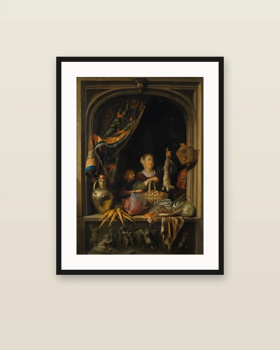 A young woman holding a hare with a boy at a window by Gerrit Dou, framed