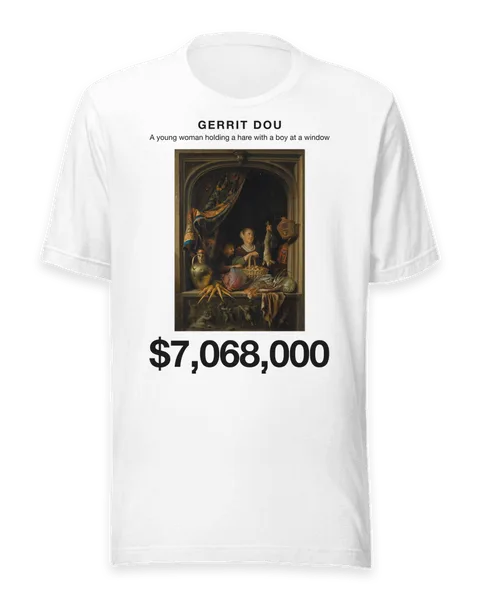 A young woman holding a hare with a boy at a window by Gerrit Dou, on a white t-shirt