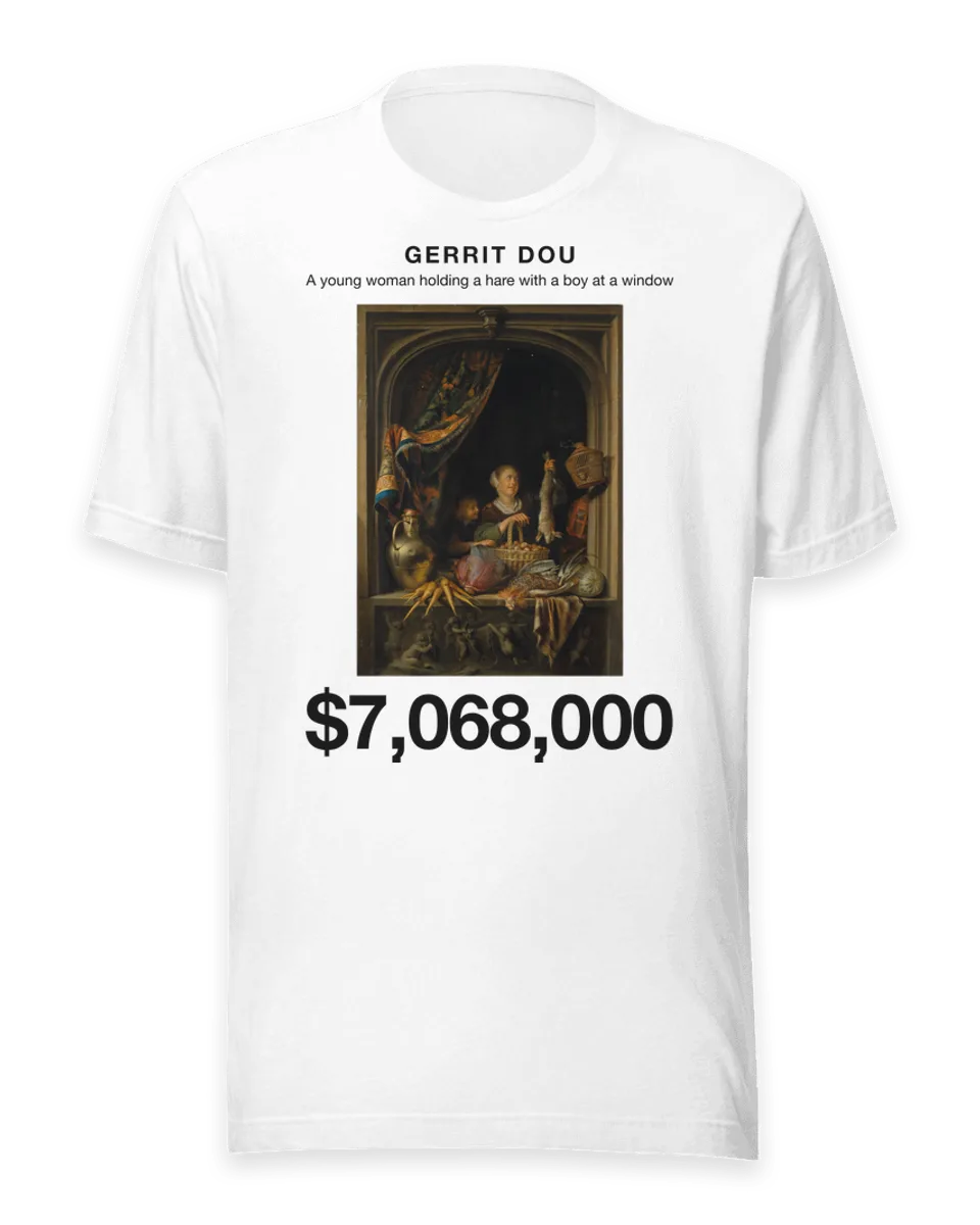 T-shirt: A young woman holding a hare with a boy at a window by Gerrit Dou