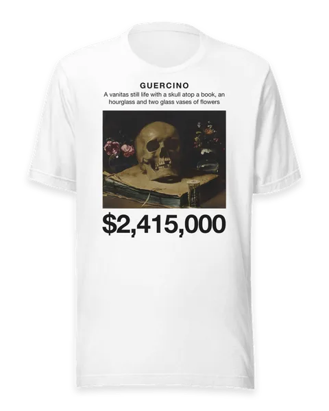 A vanitas still life with a skull atop a book, an hourglass and two glass vases of flowers by Guercino, on a white t-shirt