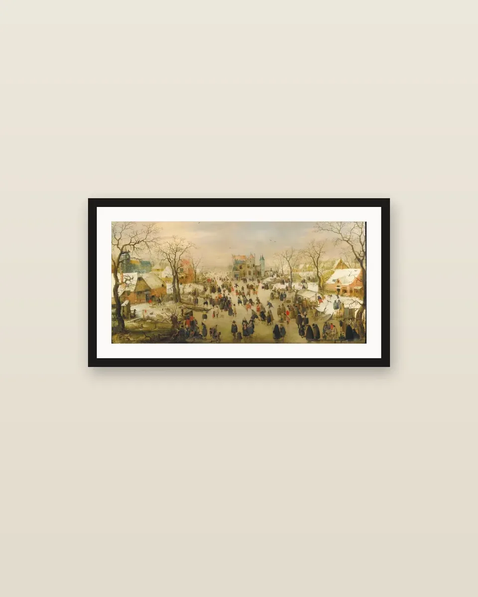 A panoramic winter landscape with a multitude of figures on a frozen river by Hendrick Avercamp, framed