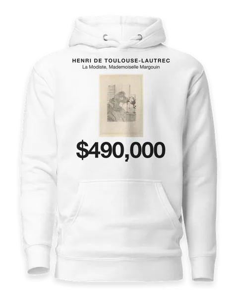 La Modiste, Mademoiselle Margouin by Henri de Toulouse-Lautrec, on a white hoodie