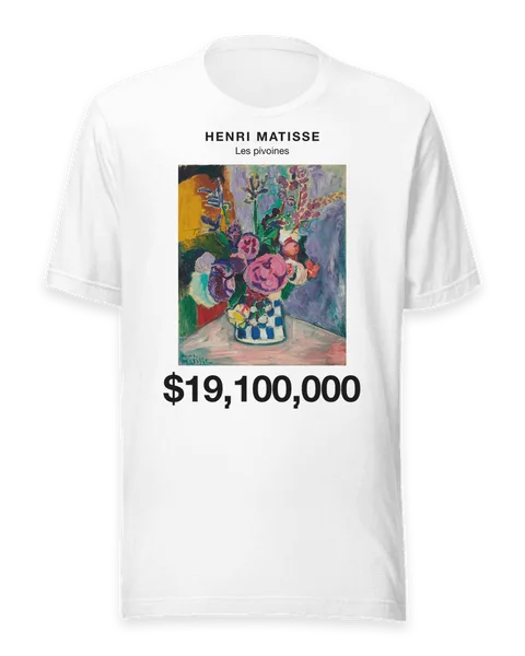 Les pivoines by Henri Matisse, on a white t-shirt