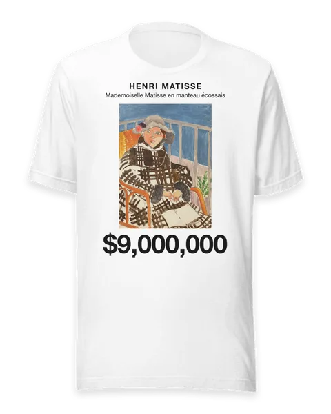 Mademoiselle Matisse en manteau écossais by Henri Matisse, on a white t-shirt