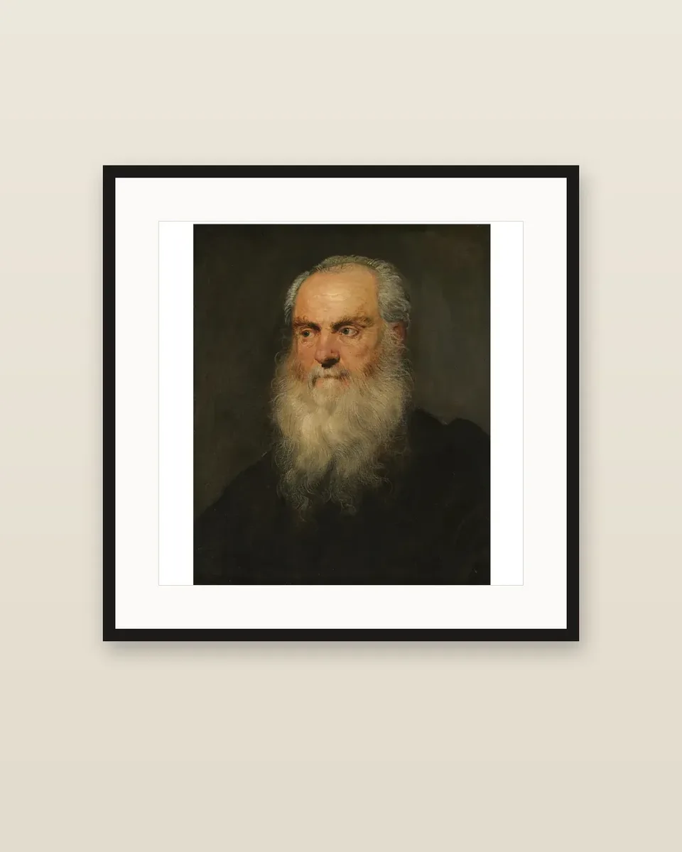 Portrait of an elderly bearded man, head and shoulders by Jacopo Tintoretto, framed