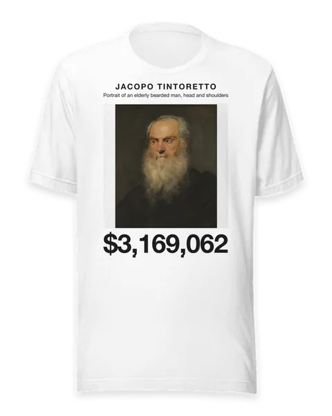 Portrait of an elderly bearded man, head and shoulders by Jacopo Tintoretto, on a white t-shirt