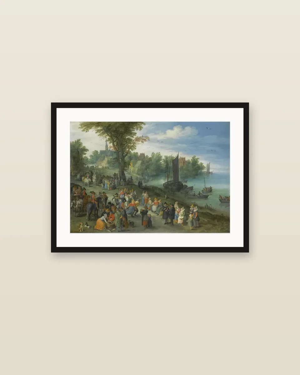 The Edge of a Village with Figures Dancing on the Bank of a River and a Fish-Seller, with a Self-Portrait of the Artist by Jan Brueghel the Elder, framed