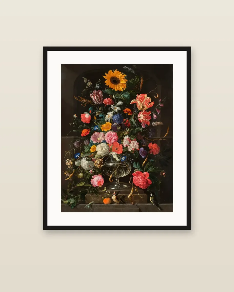 Still life of roses, tulips, lilies, poppies, honeysuckle, a sunflower, an iris, and other flowers in a glass vase with two birds, a grasshopper, and a snail by Jan Davidsz. de Heem, framed
