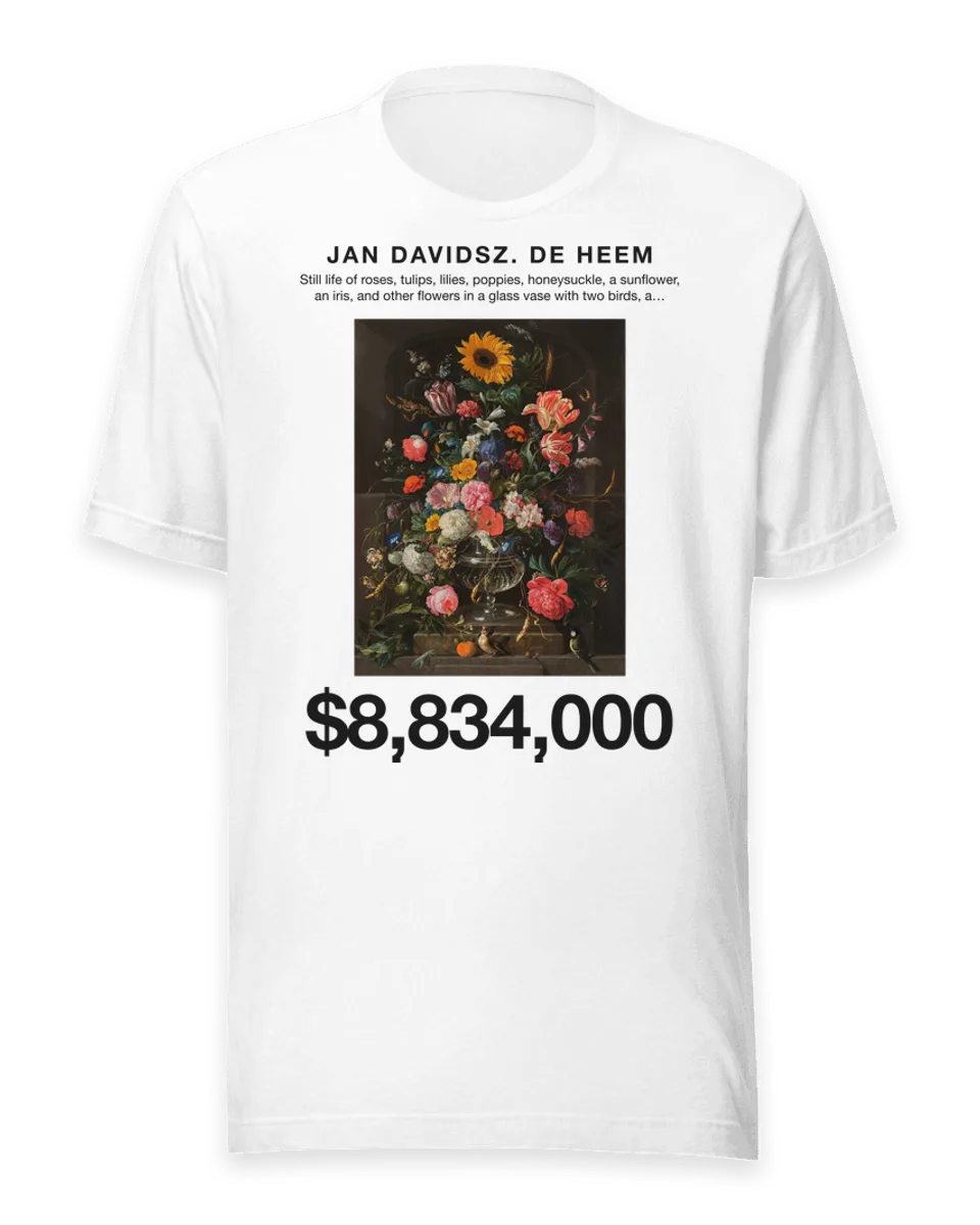 T-shirt: Still life of roses, tulips, lilies, poppies, honeysuckle, a sunflower, an iris, and other flowers in a glass vase with two birds, a grasshopper, and a snail by Jan Davidsz. de Heem