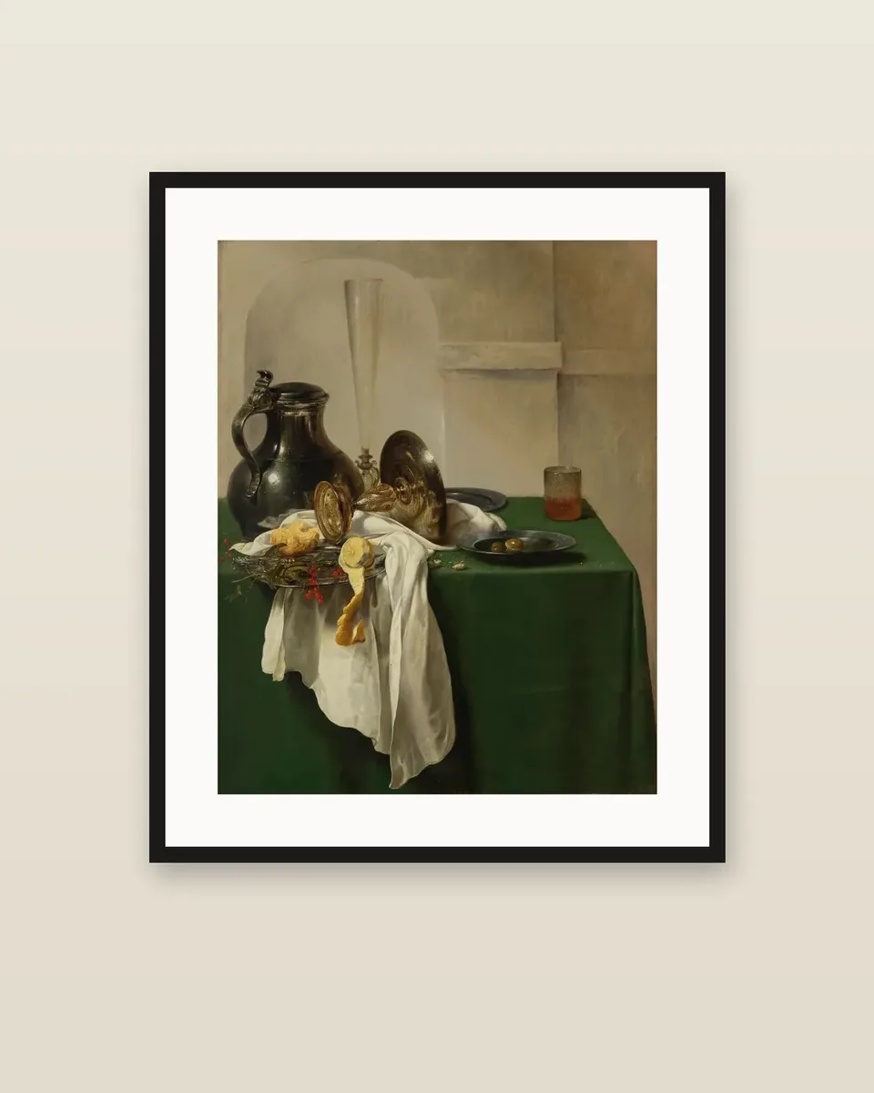Pewter jug and silver tazza on a table by Jan Jansz. den Uyl, framed