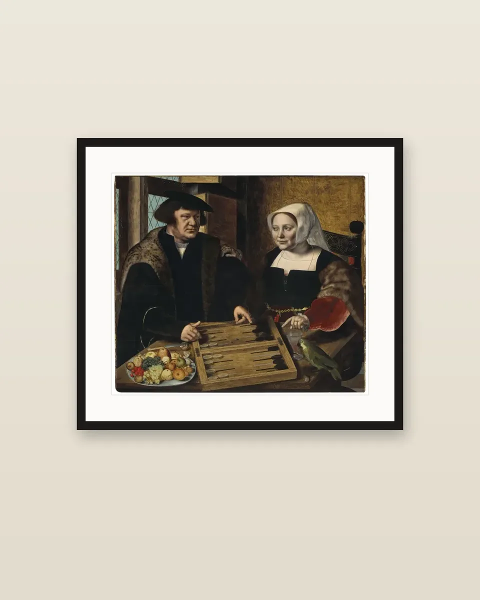 Double portrait of a husband and wife, half-length, seated at a table, playing tables by Jan Sanders van Hemessen, framed