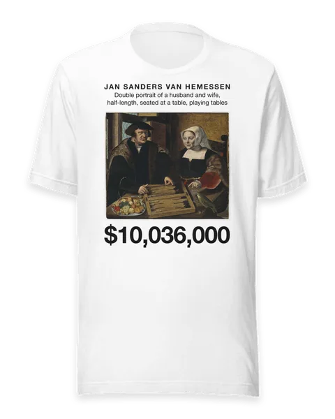 Double portrait of a husband and wife, half-length, seated at a table, playing tables by Jan Sanders van Hemessen, on a white t-shirt