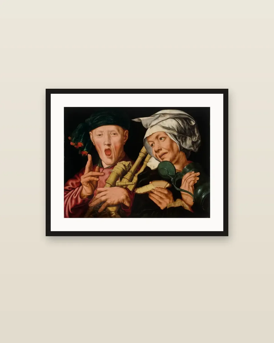 The Bagpiper and Merry Wife by Jan Sanders van Hemessen, framed