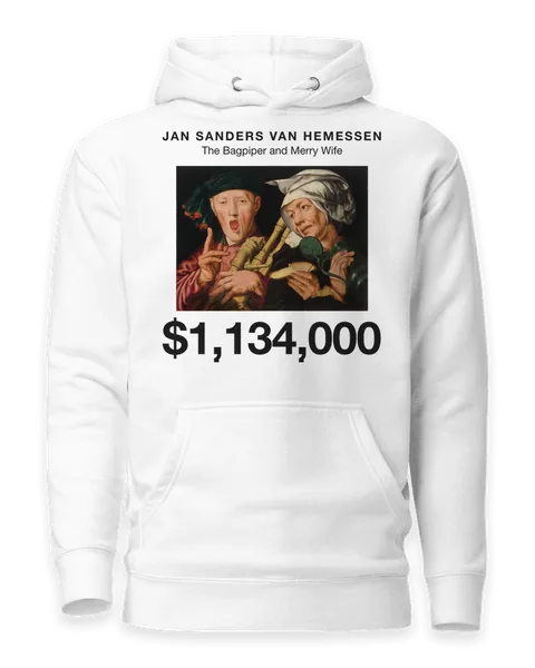 The Bagpiper and Merry Wife by Jan Sanders van Hemessen, on a white hoodie