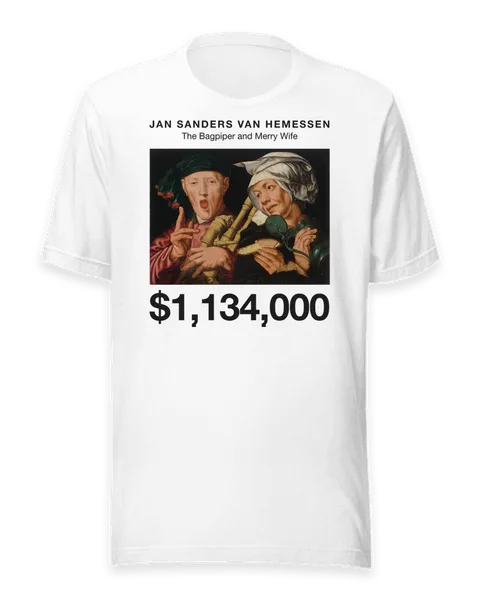 The Bagpiper and Merry Wife by Jan Sanders van Hemessen, on a white t-shirt