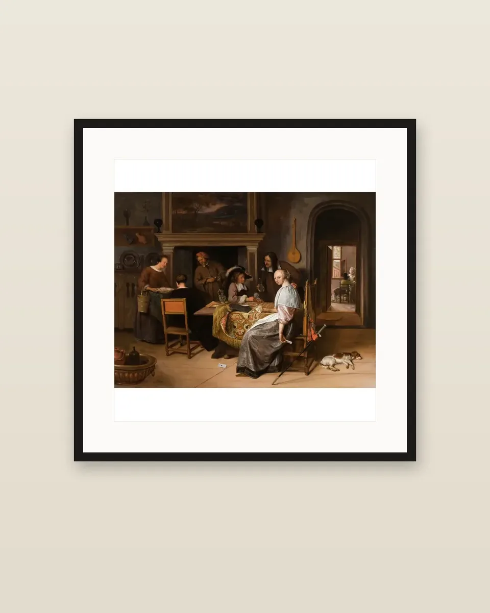 An elegant company in an interior with figures playing cards at a table by Jan Steen, framed