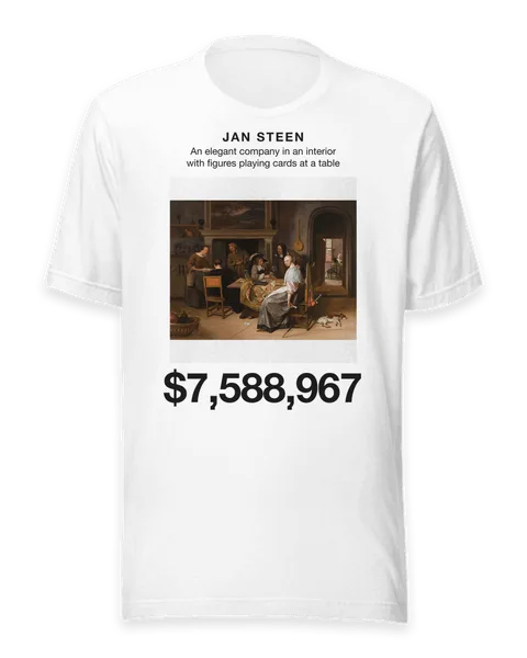 An elegant company in an interior with figures playing cards at a table by Jan Steen, on a white t-shirt