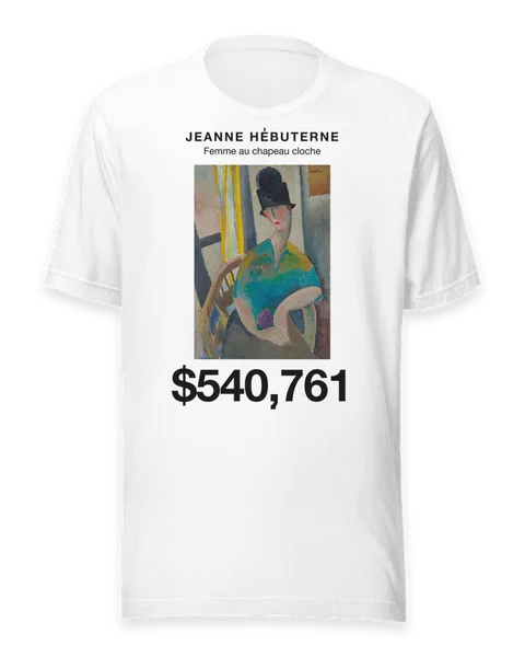 Femme au chapeau cloche by Jeanne Hébuterne, on a white t-shirt