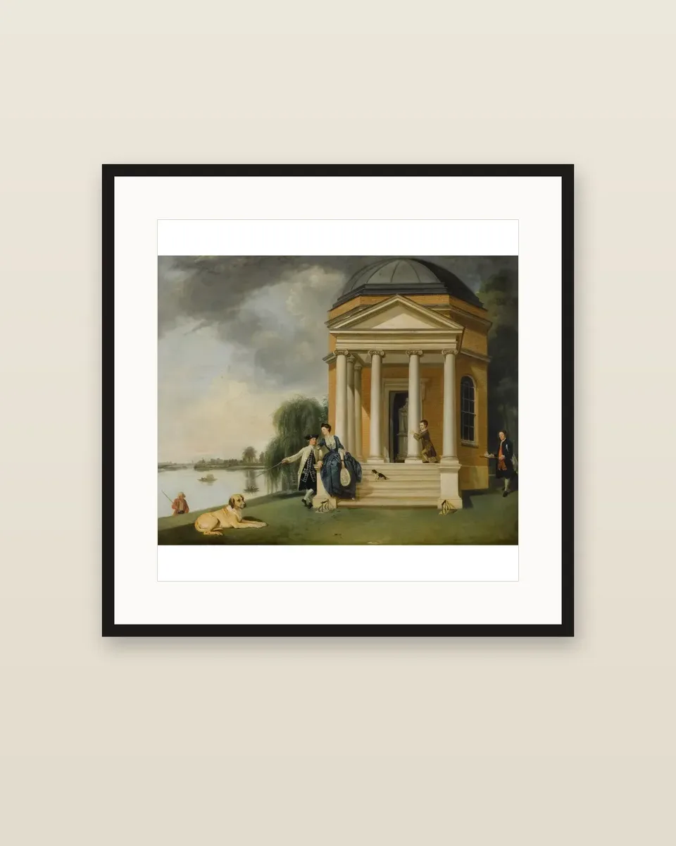 The Garden at Hampton House, with Mr and Mrs David Garrick taking tea; and The Shakespeare Temple at Hampton House (pair) by Johan Zoffany, framed