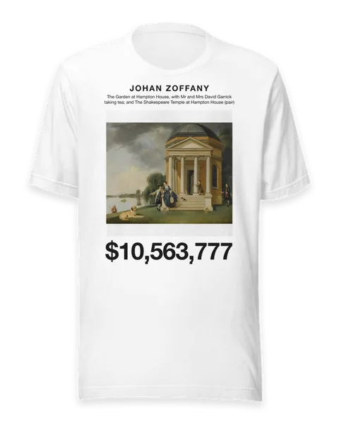 The Garden at Hampton House, with Mr and Mrs David Garrick taking tea; and The Shakespeare Temple at Hampton House (pair) by Johan Zoffany, on a white t-shirt